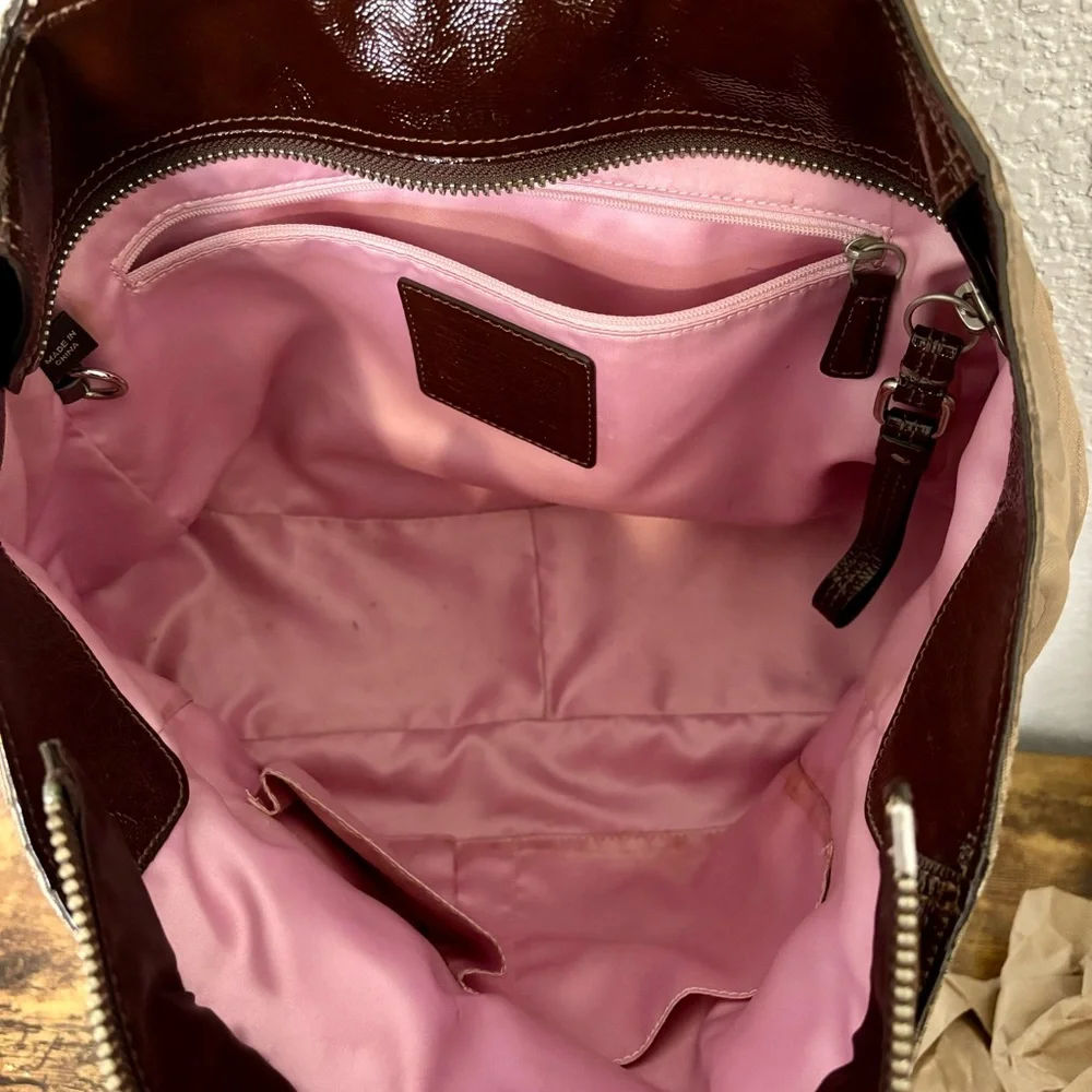 Coach Canvas Leather Tote Madison Tribeca Op Art Small Gold Tan Brown Pink Satin - Picture 11 of 15
